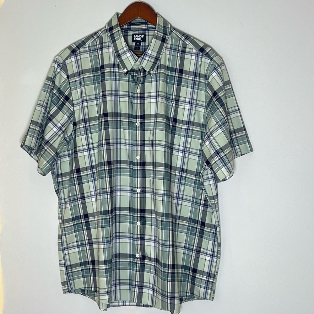 Lands' End Men's Short Sleeve No Iron Twill Shirt Traditional Fit Blue Green